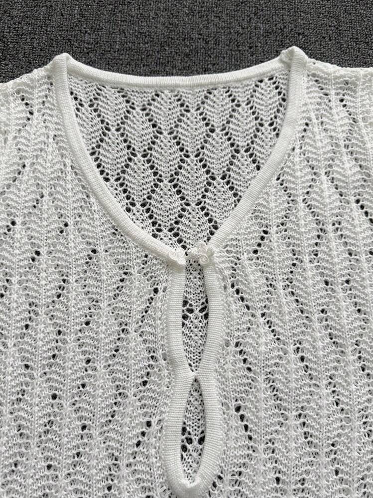 Women's Summer Vacation V-Neck Sheer Mesh Hollow Out Knot Button Croc, foto 10