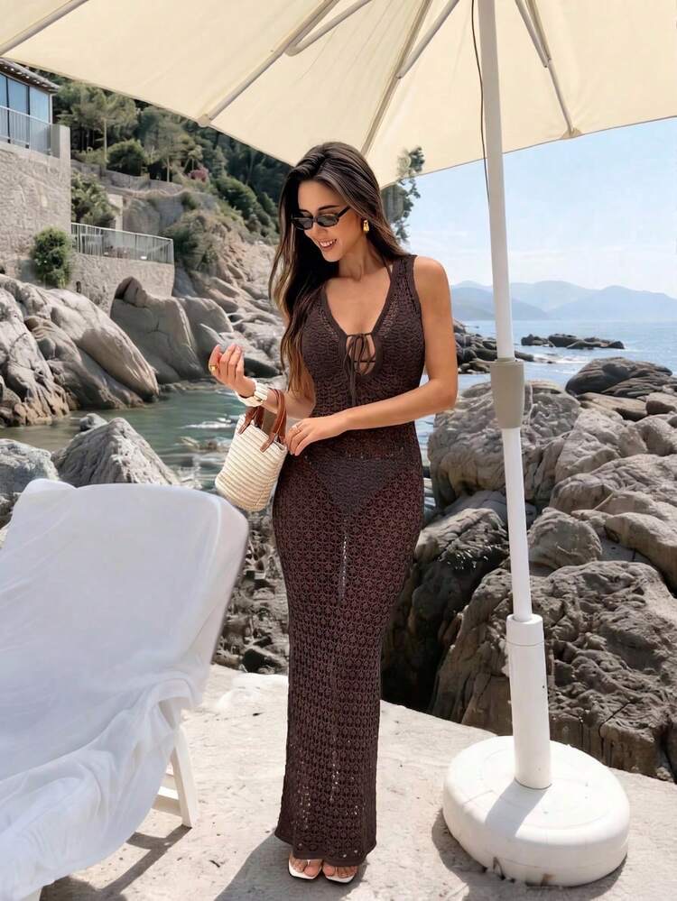 Brown V-Neck Tie-Up Fitted Knit Maxi Dress, Y2K Bohemi, foto 6
