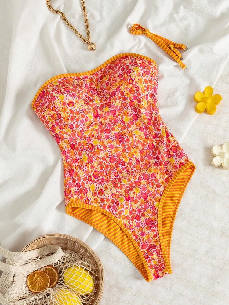 Summer Vacation Sexy Floral Reversible Color Block Spaghetti Strap Ba, foto 2