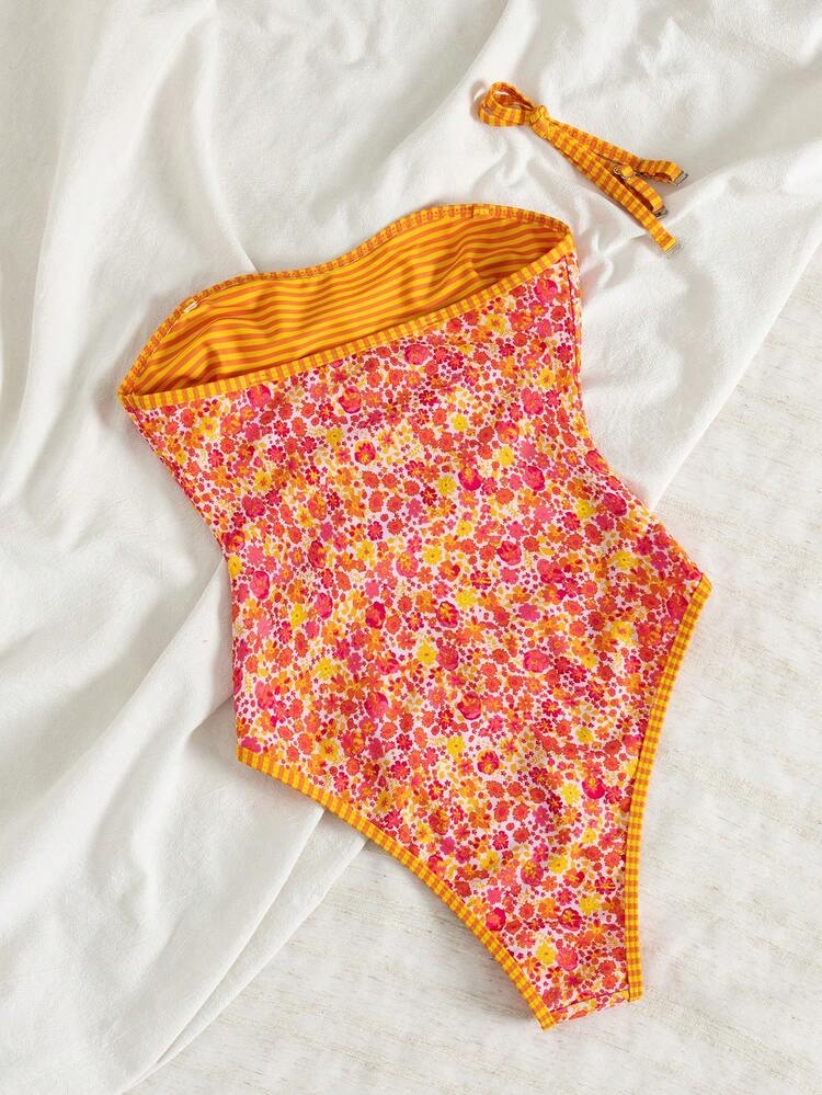 Summer Vacation Sexy Floral Reversible Color Block Spaghetti Strap Ba, foto 4