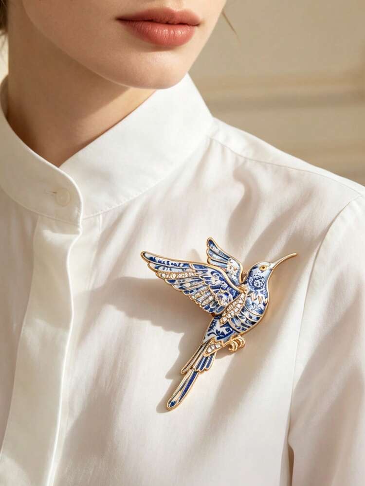 Blue Porcelain Hummingbird Brooch, Gold-Edged Bird-Shaped Badge, Vintage Elegant en multicolor, talla Talla Única