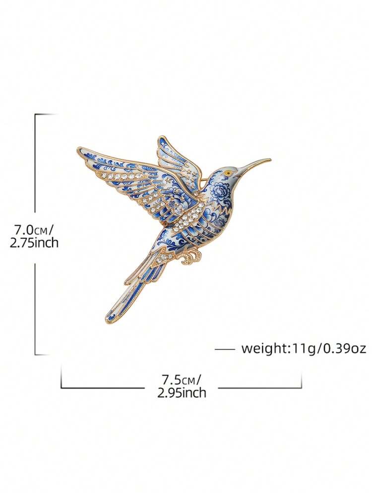 Blue Porcelain Hummingbird Brooch, Gold-Edged Bird-Shaped Badge, Vintage Elegant, foto 6