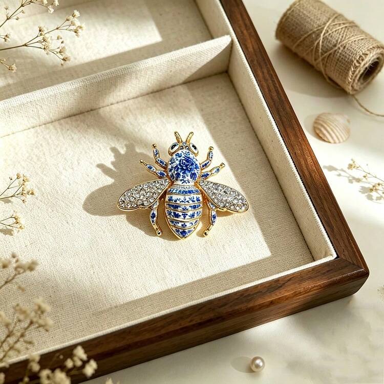 Vintage Enamel Rhinestone Bee Brooch, Gold Tone Crystal Lapel Pin, Insect Decor, foto 5