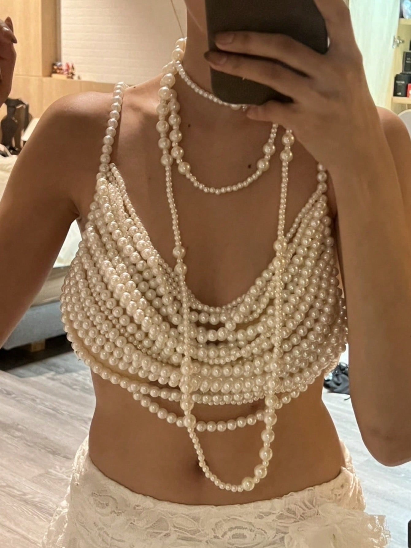 1pc High-Quality Luxury Multi-Layer Pearl Camisole Top, Handmade Knotted en beige · bright black · 170 beige · 170 white, talla one-size