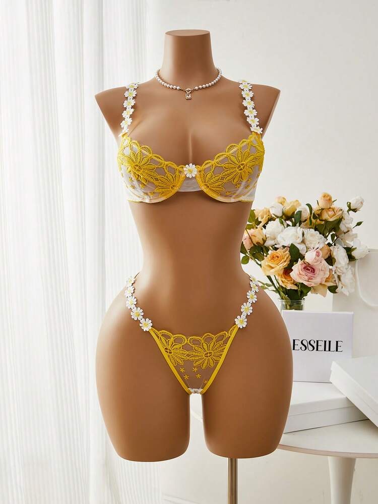 2pcs Embroidery Lace Trim Women Lingerie Set, Chic & Elegant en yellow, talla S · M · L · XL