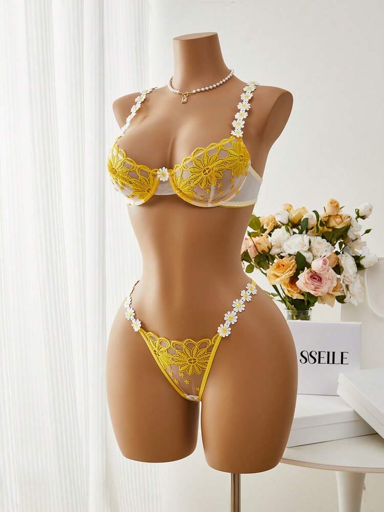 2pcs Embroidery Lace Trim Women Lingerie Set, Chic & Elegant, foto 5