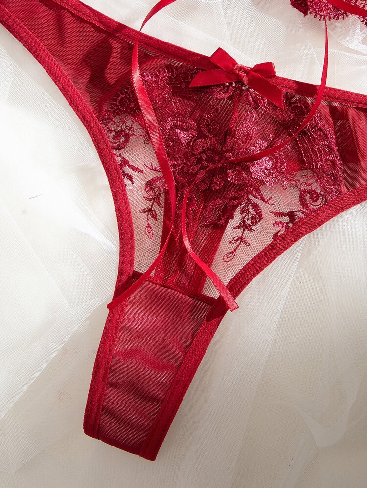 2pcs Women's Classic Royal Red Floral Embroidery Mesh Bow Decor Lingerie S, foto 4
