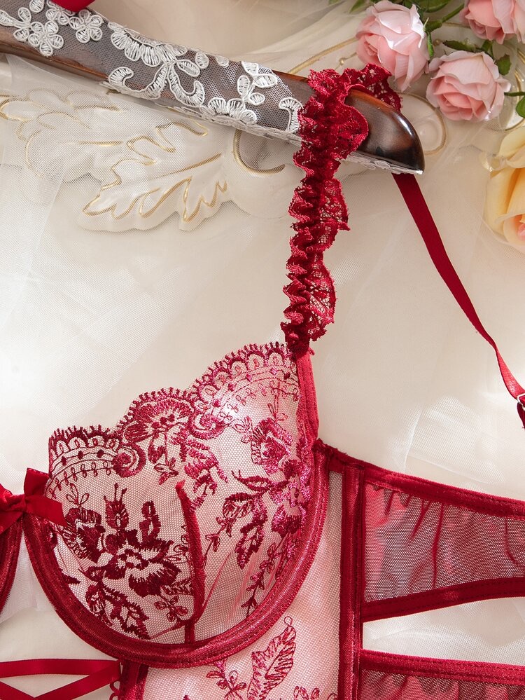 2pcs Women's Classic Royal Red Floral Embroidery Mesh Bow Decor Lingerie S, foto 6