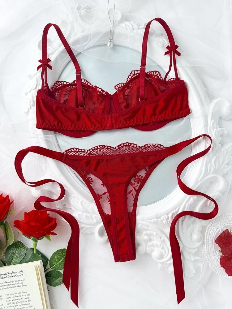 Solid Color Lace Patchwork Knotted Sheer Sexy Bra And Panty Linger, foto 4
