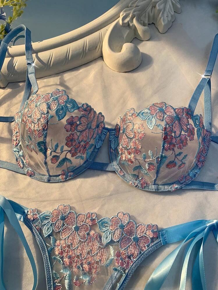2pcs/Set Women Sky Blue Embroidered Lace-Up Lingerie Set, foto 4