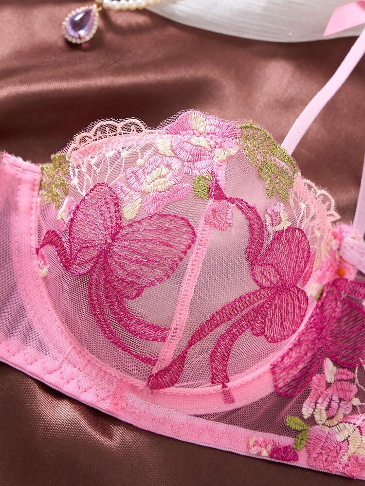2-Piece Women's Pink Embroidered Floral Everyday Lingerie Set, Featurin, foto 3