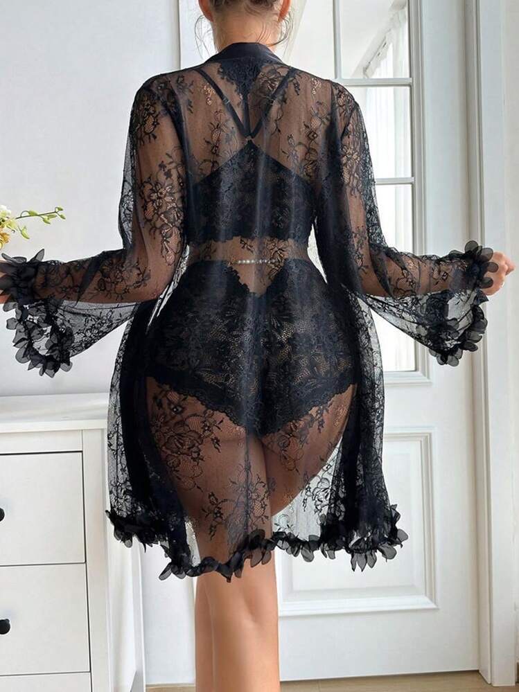 Sexy 3 PCS Lingerie Set, Sheer Lace Robe And Stain Top And Shorts,, foto 3