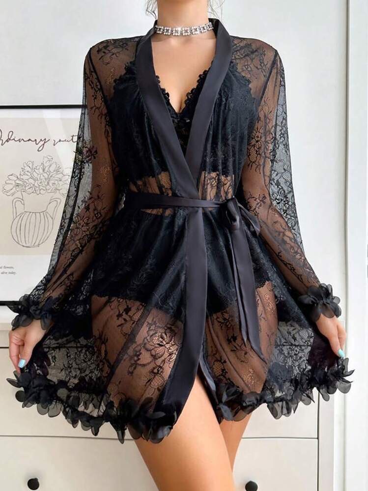 Sexy 3 PCS Lingerie Set, Sheer Lace Robe And Stain Top And Shorts,, foto 4