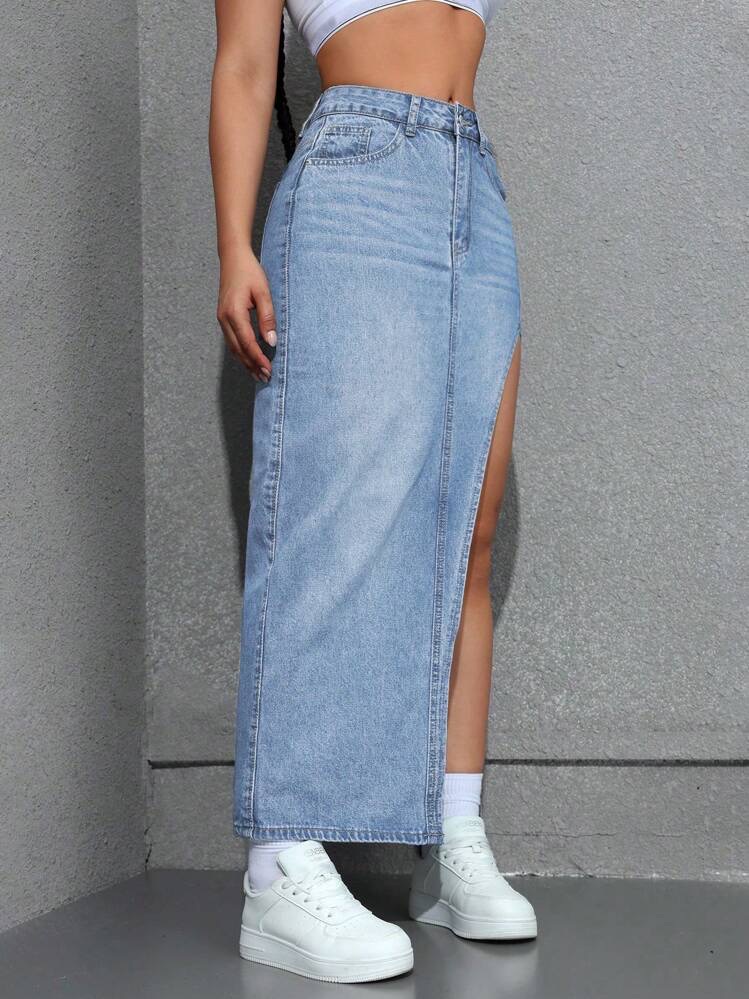 Women Sexy High Slit Long Denim Skirt, foto 4