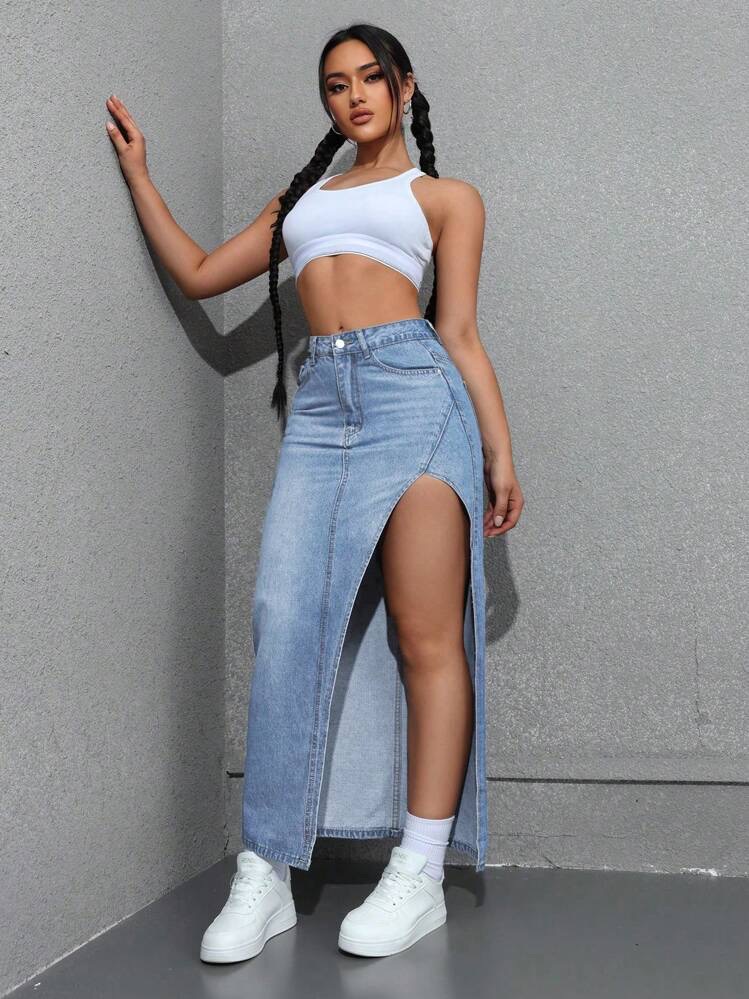 Women Sexy High Slit Long Denim Skirt, foto 5