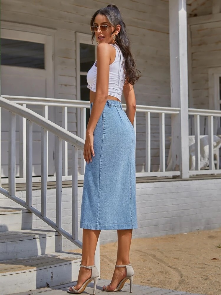 Button Front Longline Denim Skirt, foto 2