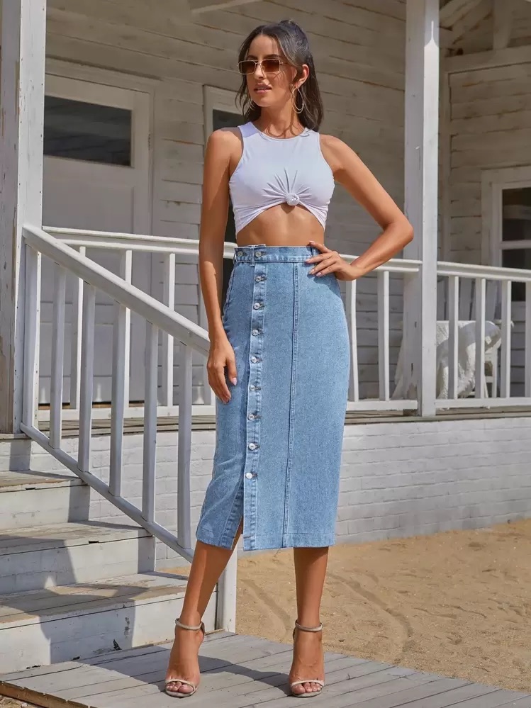 Button Front Longline Denim Skirt, foto 3
