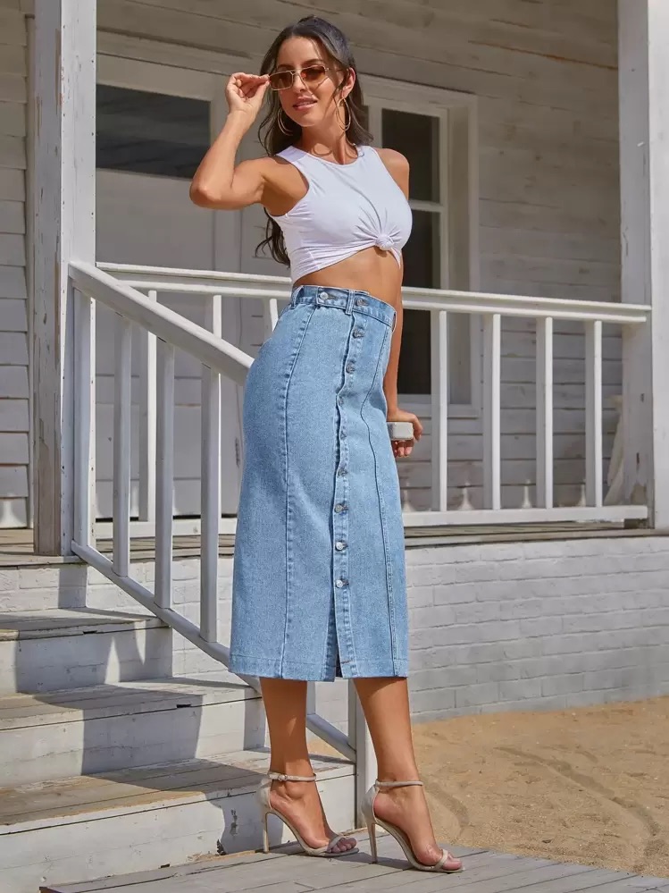 Button Front Longline Denim Skirt, foto 7