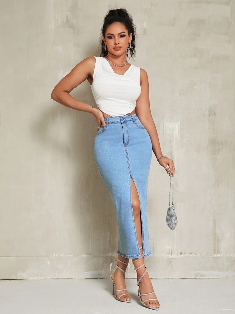 Front Slit Slim Fit Denim Skirt, foto 2