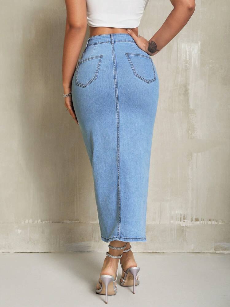 Front Slit Slim Fit Denim Skirt, foto 3