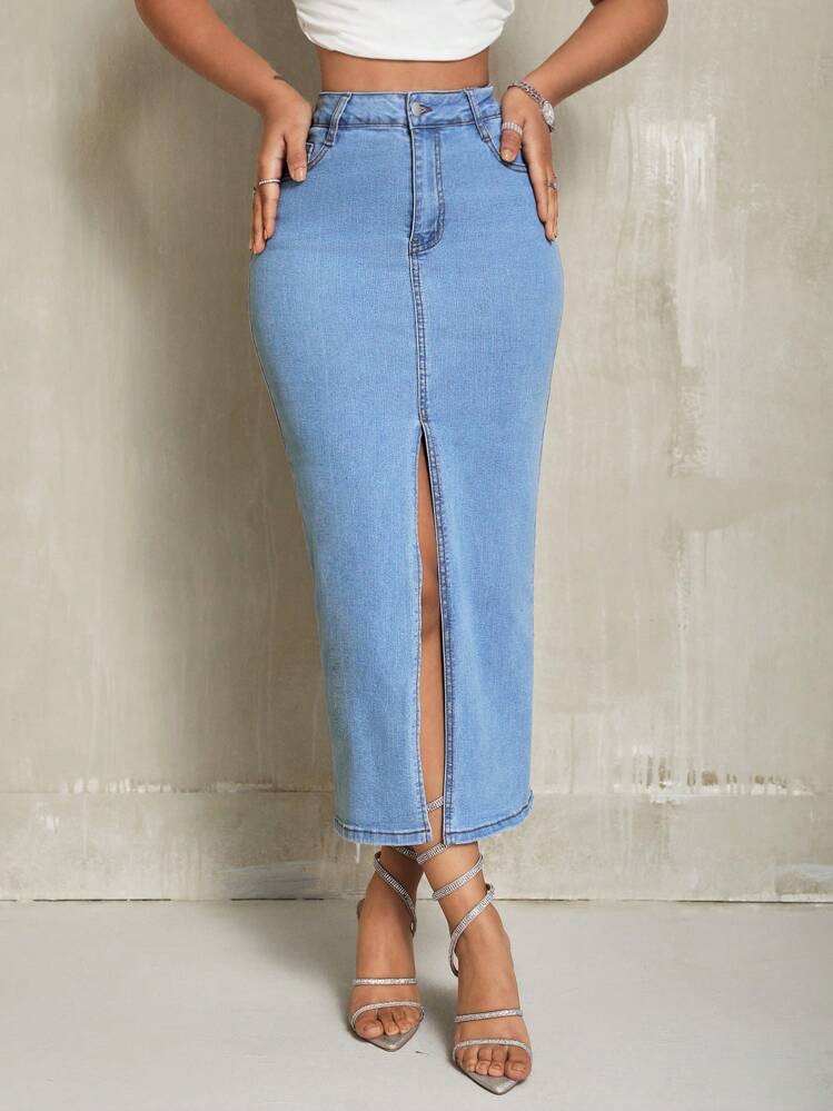 Front Slit Slim Fit Denim Skirt, foto 5