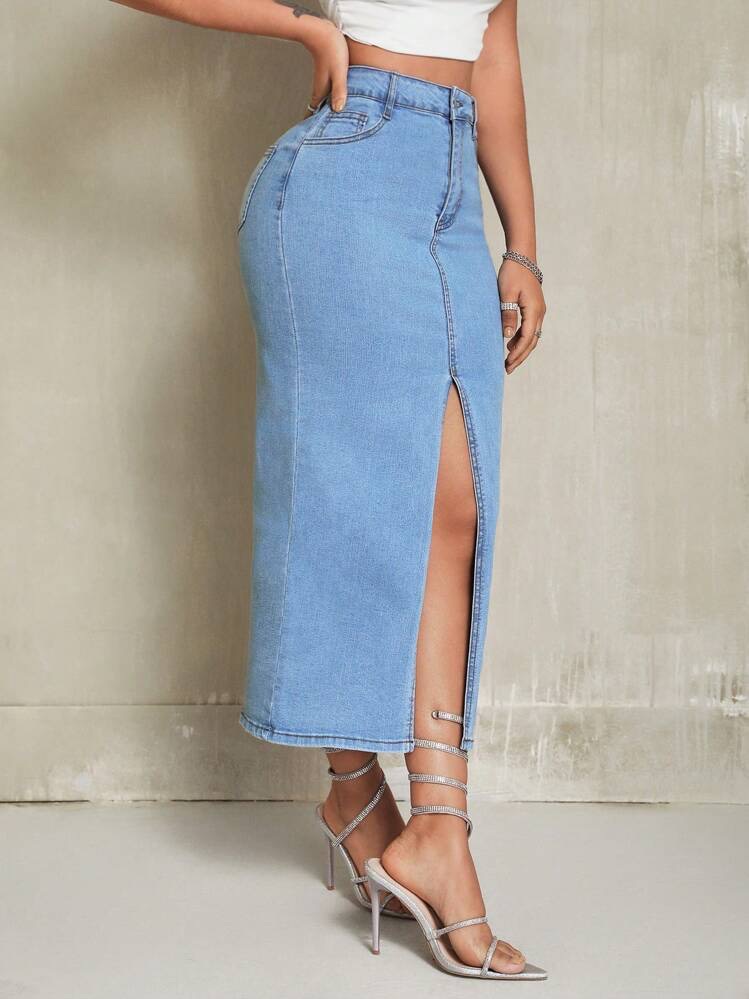 Front Slit Slim Fit Denim Skirt, foto 6