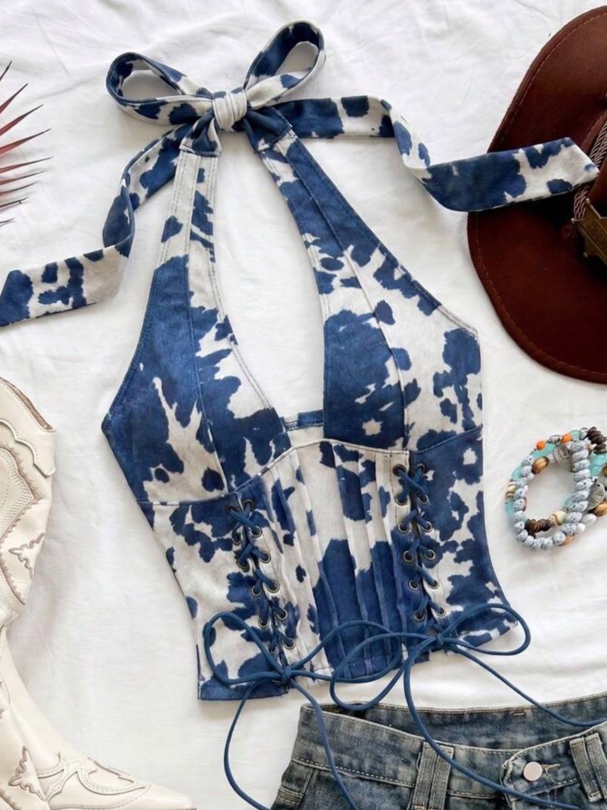 Chaleco de mujer de ante deconstruido con cuello en V y lazo, estilo western country cowgirl, para verano, concierto, bo en azul claro, talla M